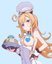 2girls ahoge blonde_hair blue_background blue_eyes blush breasts chef_hat closed_eyes commentary english_commentary escoffier_(genshin_impact) formerly genshin_impact hand_on_own_hip hat heart_pasties holding holding_plate large_breasts long_hair looking_at_viewer lumine_(genshin_impact) multiple_girls pasties plate pulling_another&#039;s_clothes serving_dome simple_background solo_focus white_hat
