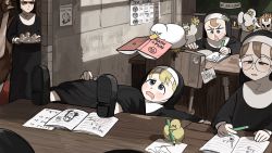 &gt;_&lt; 4girls animal animal_on_head baby_animal beak_hold bird black_footwear blonde_hair blue_eyes book brown_eyes brown_hair chair cheering chicken classroom clumsy_nun_(diva) diva_(hyxpk) drooling duck duckling flag food frog_headband froggy_nun_(diva) glasses glasses_nun_(diva) guitar habit half-closed_eyes hedgehog hedgehog_on_head highres instrument legs_on_table little_nuns_(diva) mole mole_on_cheek mouth_hold muffin multiple_girls note notebook nun on_head ostrich pencil pom_pom_(cheerleading) poster_(object) round_eyewear scowl shaded_face shadow sleepy slice_of_life strict_nun_(diva) studying traditional_nun tray triangle_mouth writing writing_on_wall