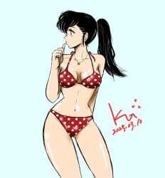 1girl bikini black_hair green_background jian_yin long_hair long_legs looking_to_the_side maison_ikkoku otonashi_kyouko panties polka_dot polka_dot_bikini polka_dot_panties ponytail solo swimsuit toned toned_female underwear