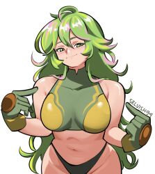 1girl artist_name bikini boku_no_hero_academia breasts closed_mouth commentary english_commentary gloves green_bikini green_eyes green_gloves green_hair hagakure_toru highres large_breasts long_hair looking_at_viewer multicolored_hair navel pink_hair pointing pointing_at_self selvish94 simple_background solo swimsuit unusually_visible white_background