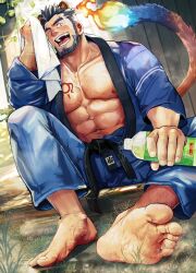 Rule 34 | 1boy, abs, alca (wakatanka4), animal ears, bara, beard, black hair, bottle, dougi, facial hair, feet, gyee, highres, holding, holding bottle, holding towel, large pectorals, lion boy, lion ears, lion tail, male focus, muscular, muscular male, navel, nipples, pectorals, short hair, solo, suamaru, tail, towel