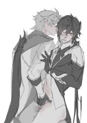 2boys blush drooling ear_licking genshin_impact greyscale handjob licking monochrome multiple_boys suggestive_fluid tartaglia_(genshin_impact) twitter white_background yaoi zhongli_(genshin_impact) zyzzzyy