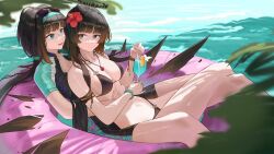 2girls alternate_costume arknights arm_strap bikini black_bikini black_eyes black_hair black_halo black_wings bodysuit breasts broken_halo commentary cup dark_halo detached_wings diving_suit energy_wings english_commentary eyewear_on_head flower hair_flower hair_ornament halo highres hime_cut holding holding_cup jewelry kiyou_(northkiyou) long_hair medium_breasts mixed-language_commentary mole mole_under_eye multiple_girls navel necklace northkiyou original partially_submerged ponytail red_flower sunglasses sweat swimsuit virtuosa_(arknights) water wetsuit wings