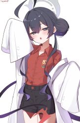 Rule 34 | 1girl, ahoge, alternate costume, black hair, black shorts, black tail, blue archive, braid, braided bun, breasts, coat, collared shirt, cosplay, demon tail, double bun, grey eyes, hair bun, highres, kasumi (blue archive), kasumi (blue archive) (cosplay), kisaki (blue archive), lab coat, long hair, long sleeves, long tail, looking at viewer, open mouth, red shirt, sazamiso rx, shirt, shirt tucked in, shorts, sleeves past fingers, sleeves past wrists, small breasts, solo, tail, twintails, very long hair, white coat