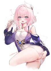 1boy 1girl blue_eyes coat commentary_request cyrene_(honkai:_star_rail) disembodied_penis dress fang hair_ornament harin_05 heart hetero highres honkai:_star_rail honkai_(series) korean_commentary penis penis_grab pink_hair purple_coat pussy_juice short_hair simple_background skin_fang solo twitter_username white_background white_dress
