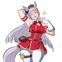 animal_ears armband belt_pouch blunt_bangs bow bowtie breasts brown_hat celebelian cowboy_shot dress ear_bow ear_covers ear_ornament ear_ribbon gloves gold_ship_(umamusume) hat highres horse_ears horse_girl horse_tail horseshoe_ornament large_breasts long_hair o-ring one_eye_closed open_mouth pants pillbox_hat pink_eyes pointing pointing_at_self pouch purple_bow red_bow red_bowtie red_dress signature smile sparkle tail umamusume white_gloves white_pants
