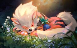 animal_focus arcanine closed_eyes closed_mouth contest_winner flower game_freak gen_1_pokemon grass nintendo no_humans oddish official_art pink_flower pokemon pokemon_(creature) pokemon_focus pokemon_tcg ross_tran second-party_source sleeping smile white_flower