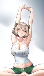 1girl absurdres alternate_costume animal_ears armpits arms_up bare_arms bare_shoulders barefoot breasts brown_hair cleavage clothes_writing commentary crop_top dolphin_shorts drawstring english_commentary green_eyes green_shorts hair_between_eyes highres indian_style indie_virtual_youtuber large_breasts looking_at_viewer midriff midriff_peek navel nimi_nightmare one_eye_closed one_side_up shorts sitting solo stretching sweat tank_top tapir_ears tapir_girl umamii virtual_youtuber white_tank_top