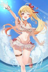 1girl ;d ahoge alternate_costume arm_up beamed_eighth_notes bikini bikini_skirt blonde_hair blue_sky brown_eyes cloud commentary_request day eighth_note flat_chest foot_out_of_frame fortissimo frilled_bikini frills gradient_hair hair_ornament hair_ribbon hairclip highleg highleg_bikini highres hololive hololive_dev_is long_hair looking_at_viewer multicolored_hair musical_note musical_note_hair_ornament navel ocean off-shoulder_bikini off_shoulder one_eye_closed open_mouth orange_hair otonose_kanade outdoors outstretched_arm ponytail red_ribbon ribbon sandals sidelocks single_wrist_cuff sky smile solo stomach straight-on swimsuit teeth thigh_strap uekana9 upper_teeth_only very_long_hair virtual_youtuber water white_bikini wrist_cuffs