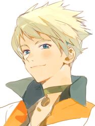 1boy blonde_hair blue_eyes blush choker closed_mouth green_choker guy_cecil kuzuvine looking_at_viewer male_focus orange_vest popped_collar portrait short_hair smile solo spiked_hair tales_of_(series) tales_of_the_abyss upper_body vest white_background