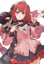 1girl ahoge artist_name black_serafuku blush cardigan cowboy_shot daweykun green_eyes grin highres long_hair looking_at_viewer pink_cardigan raccoon red_hair school_uniform serafuku simple_background smile solo twintails twitter_username ukinami_yuzuha w white_background zenless_zone_zero
