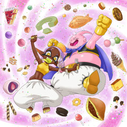 Rule 34 | 1boy, 1girl, :d, absurdres, arms up, asymmetrical hair, baggy pants, bare shoulders, black vest, blue cape, boots, breasts, cake, cake slice, candy, cape, castella (food), checkerboard cookie, closed eyes, colored skin, colored tongue, commentary request, cookie, crop top, crossover, daifuku, dango, dark-skinned female, dark skin, donut, dorayaki, dragon ball, drooling, eyelashes, fangs, fat buu, floating hair, food, food-themed hair ornament, forehead, fork, frye (deep cut outfit) (splatoon), frye (splatoon), full body, gloves, gradient hair, green tongue, hair ornament, harem pants, highres, holding, holding fork, holding spoon, ice cream, ice cream cone, ichigo daifuku, inkling, lollipop, looking at viewer, macaron, majin buu, medium breasts, medium hair, midriff, multicolored hair, multicolored skin, namuro, navel, nintendo, open mouth, oreo, pants, pink background, pink hair, pink skin, pointy ears, pon de ring, pudding, purple hair, sandwich cookie, sanshoku dango, shirt, simple background, sleeveless, sleeveless shirt, sleeveless turtleneck, smile, socks, soft serve, splatoon (series), splatoon 3, spoon, star-shaped pupils, star (symbol), stomach, strawberry shortcake, swiss roll, symbol-shaped pupils, taiyaki, teeth, tentacle hair, toeless legwear, toes, tongue, tongue out, turtleneck, vest, wafer stick, wagashi, white background, white pants, white socks, yellow boots, yellow eyes, yellow gloves, yellow shirt, yellow skin