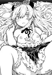 1girl bare_shoulders blush breasts dress greyscale hen_zemi highres horns long_hair looking_at_viewer lying makiko_gregory monochrome solo tagro twitter_username