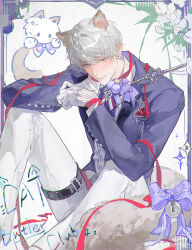 1boy absurdres animal_ears blue_eyes blush bow buttons cat_boy cat_ears cat_teaser closed_mouth collared_shirt earrings eyelashes fengjian_yuzhi flower gloves highres holding_cat_teaser jacket jewelry lapels light_smile long_sleeves looking_at_viewer love_and_deepspace male_focus pants protagonist_(love_and_deepspace) purple_bow purple_jacket red_ribbon ribbon shirt short_hair sitting solo_focus stud_earrings tail thigh_strap watermark weibo_watermark white_flower white_gloves white_hair white_pants white_shirt white_tail xavier_(love_and_deepspace)