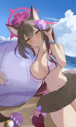 1girl absurdres animal_ear_fluff animal_ears ball beachball bikini blue_archive blue_sky blush breasts brown_hair brown_tail cleavage cloud cloudy_sky commentary day english_commentary fingernails flower fox_ears fox_girl fox_tail hair_flower hair_ornament halo highres large_breasts long_hair looking_at_viewer nail_polish navel official_alternate_costume pink_flower purple_flower purple_nails red_halo revision sky solo swimsuit tail tail_flower tail_ornament thigh_strap thighs udonpan wakamo_(blue_archive) wakamo_(swimsuit)_(blue_archive) white_bikini