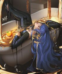 1girl absurdres arcana_(reverse:1999) bathtub black_dress black_shoes breasts closed_eyes dress facing_up food fruit full_body hair_flowing_over high_heels highres hobble_dress in_bathtub large_breasts legs_up liquid_gold long_dress long_hair long_sleeves notgustiarp official_alternate_costume orange_(fruit) outstretched_arms partially_submerged reverse:1999 shoes solo spread_arms very_long_hair wand_in_head
