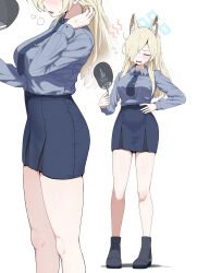 1girl animal_ear_fluff animal_ears black_boots blonde_hair blue_archive blue_halo blue_necktie blue_shirt blue_skirt blush boots closed_eyes collared_shirt dog_ears extra_ears hair_over_one_eye halo hand_fan hand_on_own_hip highres holding holding_fan hot kanna_(blue_archive) long_hair long_sleeves multiple_views necktie open_mouth shirt simple_background skirt standing unamaso white_background