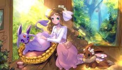 1girl belly big_belly black_kitty brown_fur brown_hair caitlin_(pokemon) cascoon chimecho collar colored_sclera commentary commission cutiefly eevee english_commentary espeon eyelashes forehead_jewel forked_tail gem gen_1_pokemon gen_2_pokemon gen_3_pokemon gen_7_pokemon green_eyes highres long_hair lotion nintendo pokemon pokemon_(creature) pokemon_dppt pokemon_platinum pregnant purple_fur purple_sclera rubbing_stomach stomach tail very_long_hair weedle