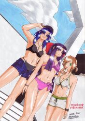 Rule 34 | 3girls, alternate hairstyle, arm up, artist name, baseball cap, bikini, black bikini, black hair, blue eyes, breasts, brown hair, cleavage, denim, denim shorts, hair ribbon, hand on own hip, hat, highres, large breasts, legs, looking at viewer, manari, medium breasts, multiple girls, nakoruru, nakoruru ano hito kara no okurimono, navel, parted lips, pink bikini, ponytail, purple hair, red eyes, rera, ribbon, samurai spirits, short hair, shorts, smile, snk, swimsuit, thighs, toned, unzipped, white bikini