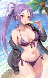 1girl beach bikini black_jacket blue_sky blurry blurry_background breasts breasts_apart cloud commentary_request food front-tie_bikini_top front-tie_top hair_ornament halterneck highres holding holding_food holding_ice_cream ice_cream ice_cream_bar jacket kawase_seiki large_breasts long_hair looking_at_viewer mito_(sao) navel ocean off_shoulder open_clothes open_jacket outdoors palm_tree ponytail purple_bikini purple_hair red_eyes side-tie_bikini_bottom sky solo sweat swimsuit sword_art_online sword_art_online_progressive tongue tongue_out tree x_hair_ornament