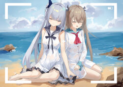2girls :d ^_^ absurdres ahoge arms_at_sides ascot atri atri-my_dear_moments- bare_arms battery_indicator black_ribbon blue_sailor_collar blue_sky blunt_bangs blush brown_hair butterfly_hair_ornament chinese_commentary closed_eyes closed_mouth commentary crossover dress fengxue ginka_(visual_novel) grey_hair hair_between_eyes hair_intakes hair_ornament hair_ribbon head_tilt highres long_hair long_sleeves multiple_girls ocean open_mouth outdoors red_ascot ribbon sailor_collar sailor_dress shinomiya_ginka short_dress side-by-side sitting sky sleeping sleeveless sleeveless_dress sleeves_past_wrists smile straight_hair trait_connection two_side_up very_long_hair viewfinder white_dress yokozuwari