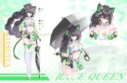 1girl absurdres animal_ears bandeau bare_shoulders black_gloves black_hair black_shorts boots braid breasts cat_ears cat_tail choker cleavage closed_mouth collarbone commentary crop_top cropped_jacket cropped_legs cropped_torso english_commentary fingerless_gloves full_body gloves green_eyes green_jacket hair_ornament hand_on_own_hip headphones headphones_around_neck highleg highres hiranmayi holding holding_umbrella indie_virtual_youtuber jacket kitsunya_(vtuber) large_breasts long_hair long_sleeves looking_at_viewer midriff multiple_views navel official_art open_clothes open_jacket panty_straps race_queen reference_sheet second-party_source see-through_clothes see-through_jacket see-through_sleeves shorts skort solo stomach strapless tail thigh_boots thighhighs thighs tube_top twin_braids umbrella undressing very_long_hair virtual_youtuber white_bandeau white_choker white_thighhighs