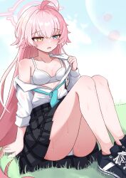 1girl absurdres ahoge arm_at_side black_shoes black_skirt blue_archive blue_eyes blue_necktie blush bra breasts chilong_(heronas) collarbone collared_shirt commentary_request d: day fang foot_out_of_frame frown halo hand_up heterochromia highres hoshino_(blue_archive) hot id_card jitome knees_up korean_commentary legs long_hair long_sleeves looking_ahead miniskirt necktie on_grass open_clothes open_mouth open_shirt outdoors pink_hair pink_halo plaid_clothes plaid_skirt pleated_skirt school_uniform see-through_clothes see-through_shirt shirt shoes simple_background single_bare_shoulder sitting skin_fang skirt small_breasts sneakers solo straight_hair sweat thighs underwear undressing very_long_hair white_bra white_shirt yellow_eyes