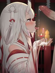Rule 34 | 1boy, 1girl, blush, censored, clothed female nude male, cum, cum in mouth, cum on tongue, dark-skinned male, dark skin, gradient hair, hetero, highres, hololive, horns, japanese clothes, long hair, mosaic censoring, multicolored hair, nakiri ayame, nakiri ayame (shrine maiden), nude, oni, open mouth, penis, red eyes, red hair, skin-covered horns, tongue, tongue out, virtual youtuber, white hair, yukidaruma718