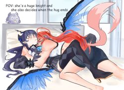 Rule 34 | 2girls, ahoge, asymmetrical horns, black hair, blue hair, colored inner hair, demon horns, elizabeth rose bloodflame, hololive, hololive english, horns, hug, jailbird (nerissa ravencroft), long hair, multicolored hair, multiple girls, nerissa ravencroft, nerissa ravencroft (1st costume), red eyes, red hair, shorts, sleeping, sleeping on person, sports bra, tail, tibetanyakart, two-tone hair, uneven horns, very long hair, virtual youtuber, wings