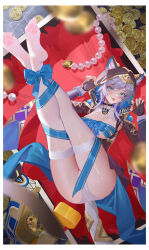 1girl absurdres animal_ears ass black_gloves blue_eyes breast_ribbon breasts cat_ears cat_girl cat_tail cipher_(honkai:_star_rail) coin comet-c fingerless_gloves gem gloves gold_coin grey_hair highres honkai:_star_rail honkai_(series) large_breasts legs_up mole mole_on_breast panties pantyhose pearl_(gemstone) short_hair_with_long_locks soles solo tail toes tongue tongue_out underwear white_panties white_pantyhose
