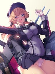 1girl anchor_hair_ornament aqua_eyes black_skirt blonde_hair cameltoe cannon commentary_request cowboy_shot cross fang female_focus gloves gradient_background hair_ornament hat highres impossible_clothes iron_cross kantai_collection looking_at_viewer low_twintails machinery microskirt military military_hat military_uniform one_eye_closed open_mouth panties peaked_cap pink_panties pleated_skirt prinz_eugen prinz_eugen_(kancolle) simple_background skirt solo torisan twintails underwear white_background white_gloves yellow_background