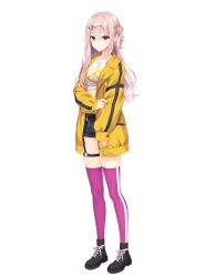 1girl belt breasts closed_mouth full_body hair_ornament hairpin harumi_ena jacket limelight_lemonade_jam long_hair long_sleeves looking_at_viewer multiple_hairpins muririn official_art open_clothes open_jacket pink_hair pink_thighhighs red_eyes shirt shorts solo tachi-e thigh_strap thighhighs transparent_background two-tone_thighhighs very_long_hair white_shirt white_thighhighs yellow_jacket yuzu-soft
