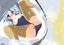 absurdres blue_hair blue_one-piece_swimsuit blush breasts brown_eyes clothing_aside embarrassed female_pervert harpy highres medium_breasts monster_girl monster_musume_no_iru_nichijou nipples one-piece_swimsuit papi_(monster_musume) pee peeing peeing_self pervert pussy school_swimsuit spread_legs squatting steam swimsuit swimsuit_aside uncensored watterywinter