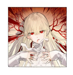 Rule 34 | blonde hair, blood on mouth, border, chinese commentary, close-up, commentary request, jewelry, long hair, long sleeves, looking at viewer, multiple rings, original, parted lips, pointy ears, red eyes, ring, sleeves past wrists, starshadowmagician, upper body, white border