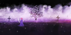 1girl akyuun commentary cross fog grave highres light_particles onozuka_komachi purple_theme red_hair scenery scythe touhou tree twintails
