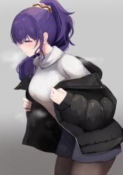 1girl asahina_mafuyu black_jacket blush breasts breath brown_pantyhose cowboy_shot down_jacket from_side gradient_background grey_background hair_ornament hair_over_shoulder hair_scrunchie half-closed_eyes highres jacket kunizaki large_breasts leaning_forward long_sleeves open_mouth pantyhose ponytail project_sekai purple_eyes purple_hair removing_jacket scrunchie short_shorts shorts sidelocks solo standing steaming_body sweater turtleneck turtleneck_sweater undressing visible_air white_sweater