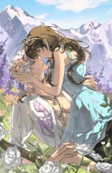 1boy 1girl aqua_dress arm_around_neck bare_arms bare_shoulders black_pants breasts brown_hair closed_eyes couple dress earrings field flower flower_field flower_hairband grey_hair half-closed_eyes hand_in_another&#039;s_hair head_wreath hetero highres jewelry long_hair love_and_deepspace medium_breasts mountain necklace open_clothes open_shirt pants parted_lips protagonist_(love_and_deepspace) purple_flower rose shirt short_hair sleeveless sleeveless_dress smile sundress sylus_(love_and_deepspace) teeth white_flower white_rose white_shirt yellow_flower yibai0419