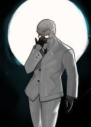 1boy adjusting_eyewear beard black-framed_eyewear black_gloves black_necktie collared_shirt colonel_sanders commentary dokomon english_commentary facial_hair facing_viewer formal_clothes glasses gloves glowing_glasses half_gloves highres jacket kfc male_focus mustache necktie opaque_glasses open_clothes open_jacket pants shirt solo suit white_hair white_jacket white_pants white_shirt