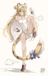 1girl absurdres animal_ears bare_shoulders black_shoes blonde_hair bracelet breasts china_dress chinese_clothes cleavage double_bun dress full_body green_eyes hair_bun highres jewelry ju_fufu leg_up long_hair pinjirooo shoes sideboob sleeveless sleeveless_dress solo standing standing_on_one_leg tail tiger_ears tiger_tail tiptoes zenless_zone_zero