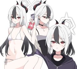1girl armpits bare_shoulders bikini black_choker black_dress black_hair black_jacket black_shirt blue_archive blush breasts choker collarbone demon_horns dress grey_hair halo highres hood hooded_jacket hoodie horns jacket kayoko_(blue_archive) kayoko_(dress)_(blue_archive) long_hair looking_at_viewer mole open_mouth red_eyes shirt sidelocks simple_background swimsuit ugai0524 white_background white_bikini white_halo