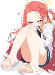 1girl averting_eyes bare_legs blue_archive blush bow braid commentary_request convenient_leg didac_fantasy feet forehead grey_eyes hair_bow halo highres hood hood_down jacket knees_up long_hair multiple_hair_bows orange_halo red_hair sandals shadow simple_background sitting solo toes very_long_hair white_background white_bow white_jacket white_sandals yuzu_(blue_archive)