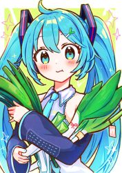 Rule 34 | 1girl, :t, ahoge, aoiyui, bare shoulders, black sleeves, blue eyes, blue hair, blue nails, blue necktie, blush, border, chewing, closed mouth, collared shirt, detached sleeves, food, food-themed hair ornament, green background, hair between eyes, hair ornament, hatsune miku, highres, holding, holding food, holding vegetable, hugging object, long hair, long sleeves, looking at viewer, nail polish, necktie, outside border, shirt, sidelocks, sleeveless, sleeveless shirt, solo, sparkle, spring onion, spring onion hair ornament, twintails, upper body, vegetable, very long hair, vocaloid, white border, white shirt, wide sleeves