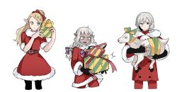 1girl 2boys androgynous animal bags_under_eyes black_eyes blonde_hair blush bow braid braided_ponytail christmas cowboy_shot dark-skinned_male dark_elf dark_skin dress dungeon_meshi elf fur-trimmed_dress fur-trimmed_jacket fur_trim gift gloves goat goat_(dungeon_meshi) green_eyes grey_hair hair_bow highres holding holding_animal holding_gift jacket lazy_eye long_hair long_sleeves looking_at_object looking_at_viewer marcille_donato mithrun multiple_boys nezu1495821 notched_ear open_mouth pointy_ears ponytail purple_eyes ribbon santa_costume short_bangs short_hair sidelocks simple_background single_braid smile sweatdrop thistle_(dungeon_meshi) uneven_eyes wavy_hair white_background