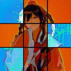 1girl black_hair blue_background brown_eyes chinese_clothes chinese_hat green_outline grid hanfu highres long_hair long_sleeves looking_at_viewer magi_the_labyrinth_of_magic mole mole_under_mouth orange_background outline ren_gyokuen smile solo upper_body whiteghost wide_sleeves