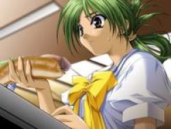 Rule 34 | 00s, 1girl, cocktail soft, food, green hair, hot dog, lowres, severed penis, penis, penis hot dog, school uniform, severed penis, solo, third-party edit, with you