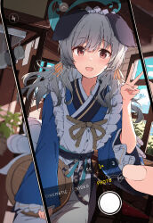 1girl 1other absurdres animal_ears apron blue_archive blue_kimono blush dog_ears dog_tail grey_hair hair_between_eyes hairband highres japanese_clothes kimono long_hair looking_at_viewer maid maid_apron maid_headdress moru_(moru20000) open_mouth orange_eyes pov sidelocks tail taking_picture umika_(blue_archive) v white_apron white_hairband