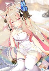 Rule 34 | 1girl, absurdres, ahoge, animal ear fluff, animal ears, blonde hair, blue butterfly, blue nails, blurry, blurry background, blush, bow, breasts, bug, butterfly, butterfly hair ornament, cat ears, cleavage, closed mouth, commission, dress, floral print, hair ornament, halo, hand on own face, highres, insect, large breasts, long hair, looking at viewer, multicolored hair, nail polish, original, pink eyes, pink hair, red eyes, shiro9jira, short dress, sitting, skeb commission, sleeveless, sleeveless dress, smile, solo, tail, thigh strap, thighhighs, very long hair, white dress, white thighhighs, zettai ryouiki