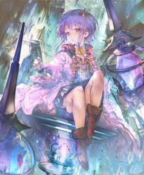 1girl blue_dress boots crown dress gorilla_(mushimushiland) looking_at_viewer non-web_source purple_hair shadowverse shingeki_no_bahamut spinaria_(shingeki_no_bahamut)