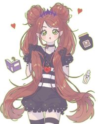 1girl blush chocolat_meilleure choker commentary_request cowboy_shot crown double_bun earrings eyangjin eyelashes gloves hair_bun heart_pendant highres holding holding_own_hair jar jewelry korean_commentary orange_hair pointy_ears simple_background solo sugar_sugar_rune thighhighs twintails white_background
