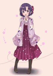Rule 34 | 1girl, blush, boots, brown eyes, full body, hakama, hakama skirt, highres, idolmaster, idolmaster cinderella girls, japanese clothes, kimono, looking at viewer, matudaio, meiji schoolgirl uniform, own hands together, purple hair, shiragiku hotaru, short hair, skirt, smile, solo